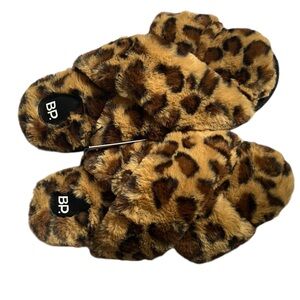 New BP Mae Cross Strap Faux fur Soft Leopard Print Women’s Slippers sze 11/12